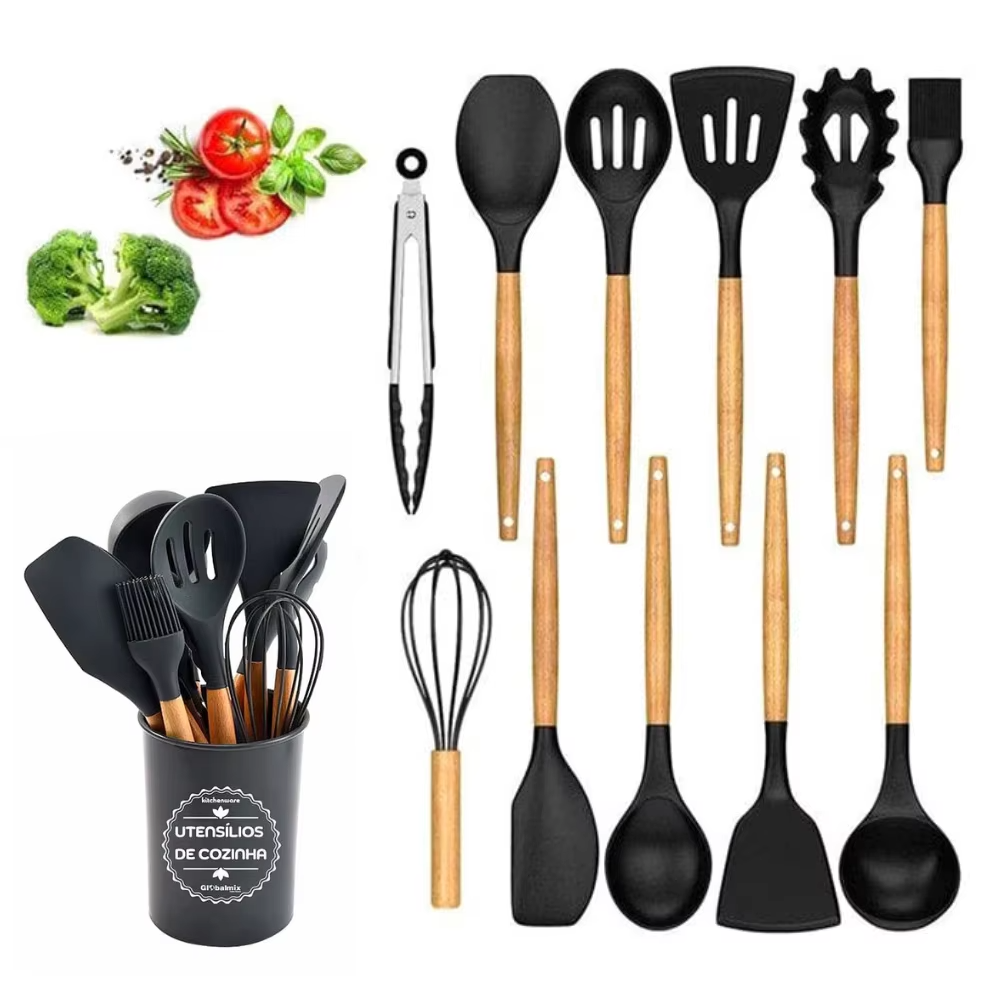 kit utensilios cozinha silicone completo cabo madeira suporte