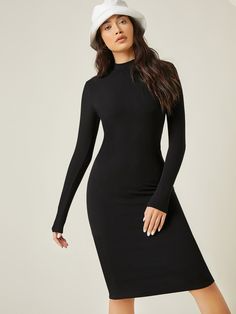 Preto elegante Collar Manga Comprida Tecido Simples Bodycon Embellished Elasticidade Baixa Primavera / Outono