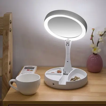 Espelho Luz Led Iluminador Mesa Maquiagem Portátil Pilha USB Aumento até 10X