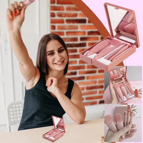 Mini Espelho De Maquiagem Portátil Com 5 Pcs Pincéis