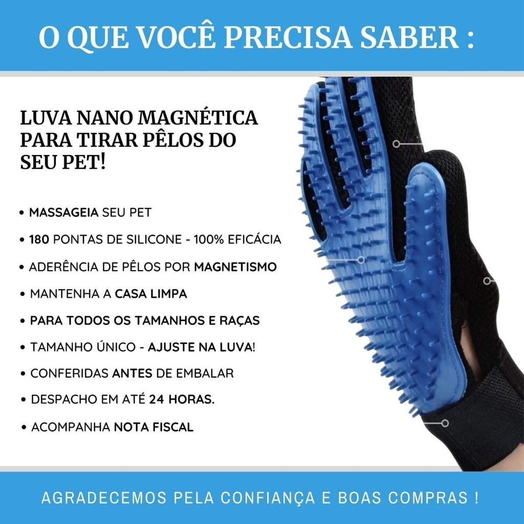 Luva Nano Magnética Tira Remove Pelo Cachorros Gatos Coelhos Cavalos True Touch
