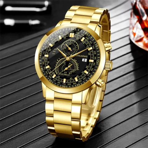 relogio masculino dourado, relogio estiloso, presente para namorado, loja goldden, goldden, conjunto masculino Golden King, relogio dourado, kit relogio masculino, relogio analogico