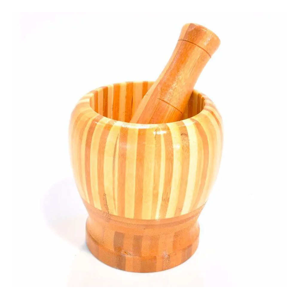Pilão de Bambu Madeira com Socador Reforçado Cozinha Culinária Tempero (06063)