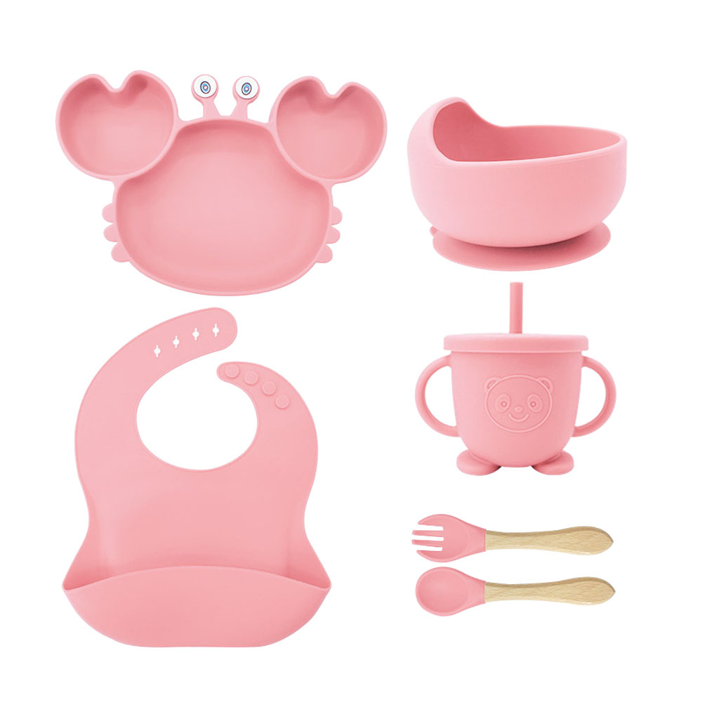 Kit de Alimentação para Bebês de Silicone 6 Peças Caranguejinho Divertido Cor:Rosa (178-Rosa-Comp)
