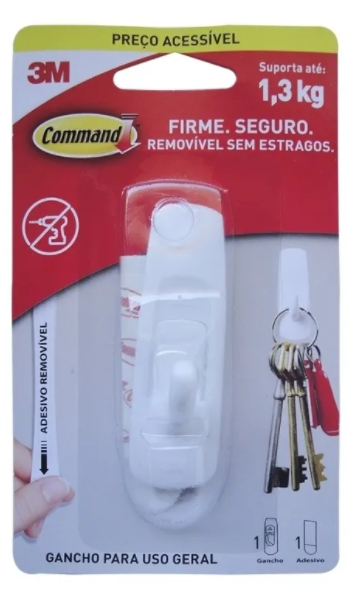Gancho Command 3m Medio Branco Uso geral Ate 1,3kg Blister (E4.02.01)