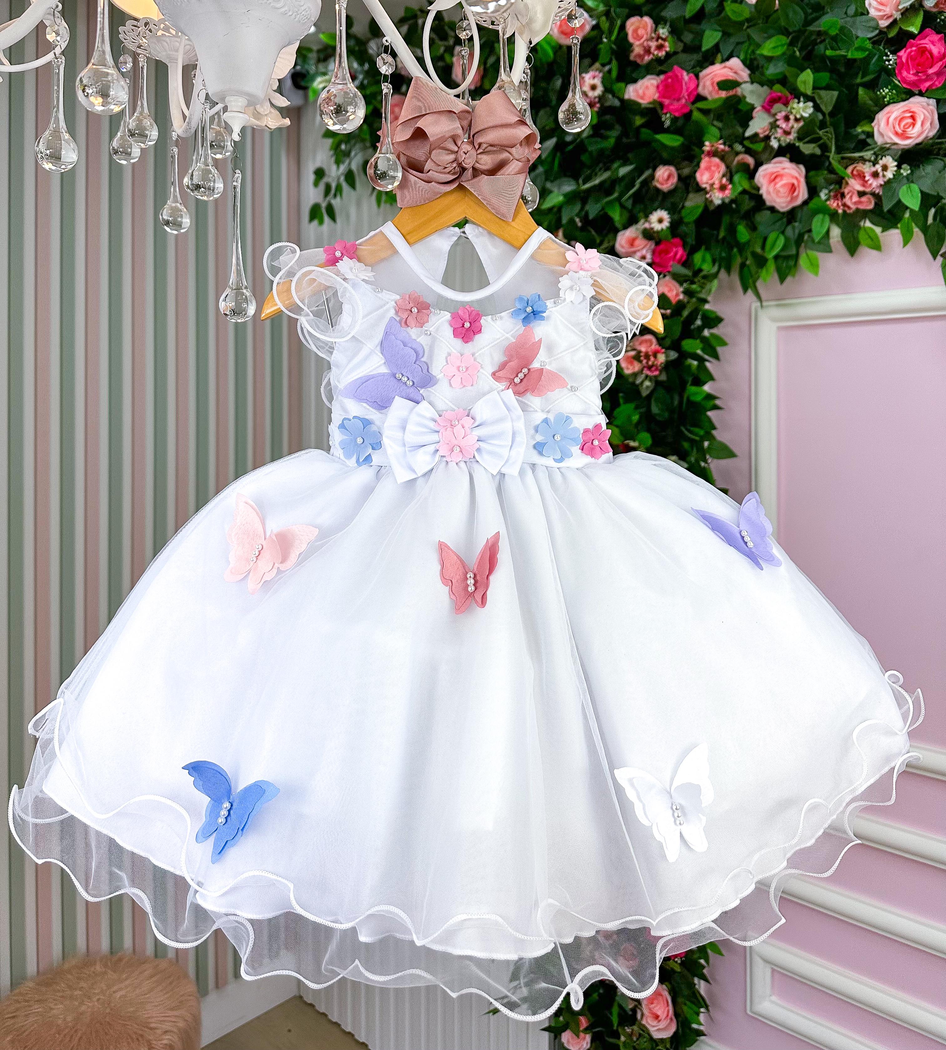 Vestido Marie Branco Jardim Encantado Laço Borboletas Coloridas (VESTMREBRNCJDENCLA)
