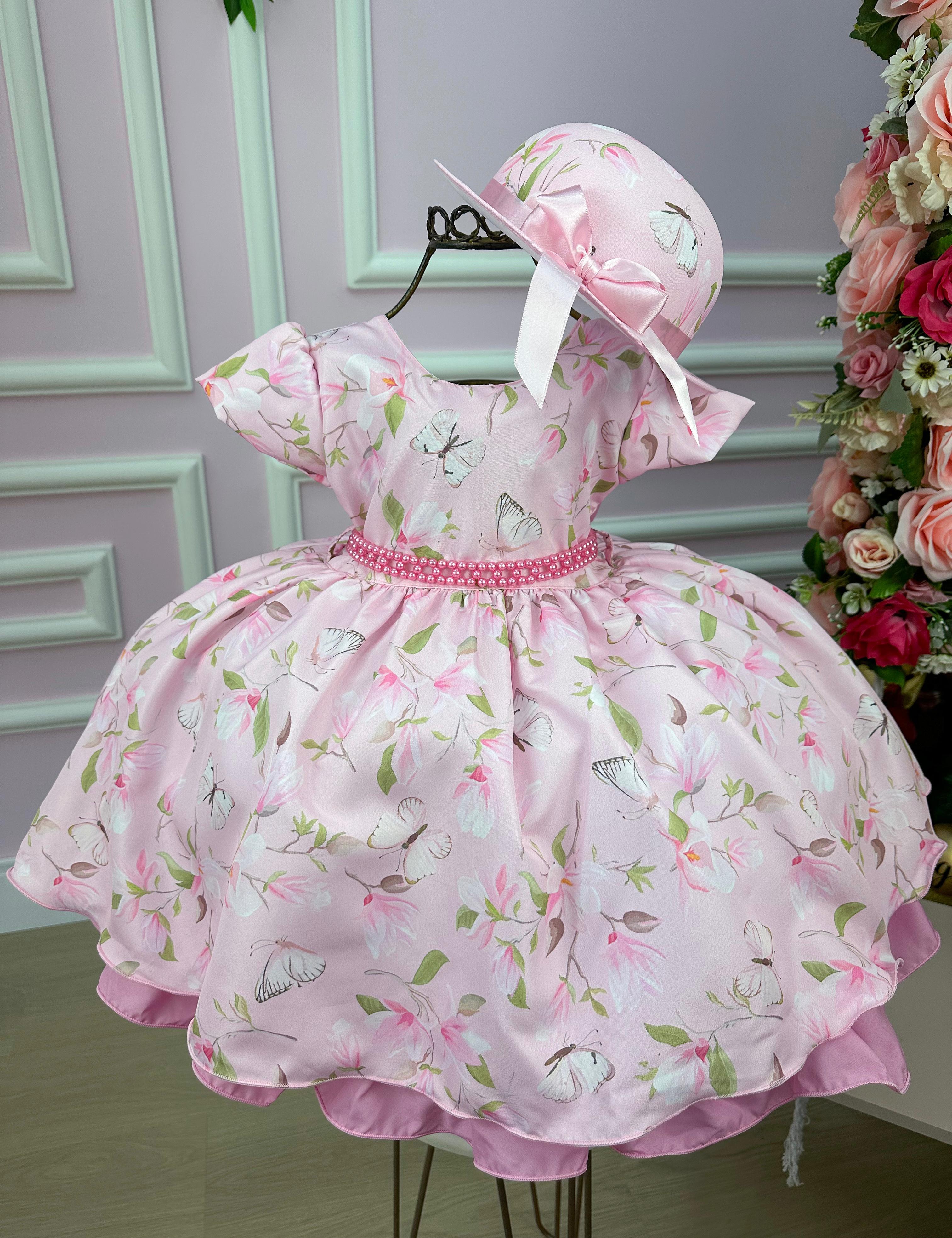 Vestido Miss Cherry Chapeu Rosa Flores e Borboletas (VESTMSSCHRCHPRSFLREBBL)