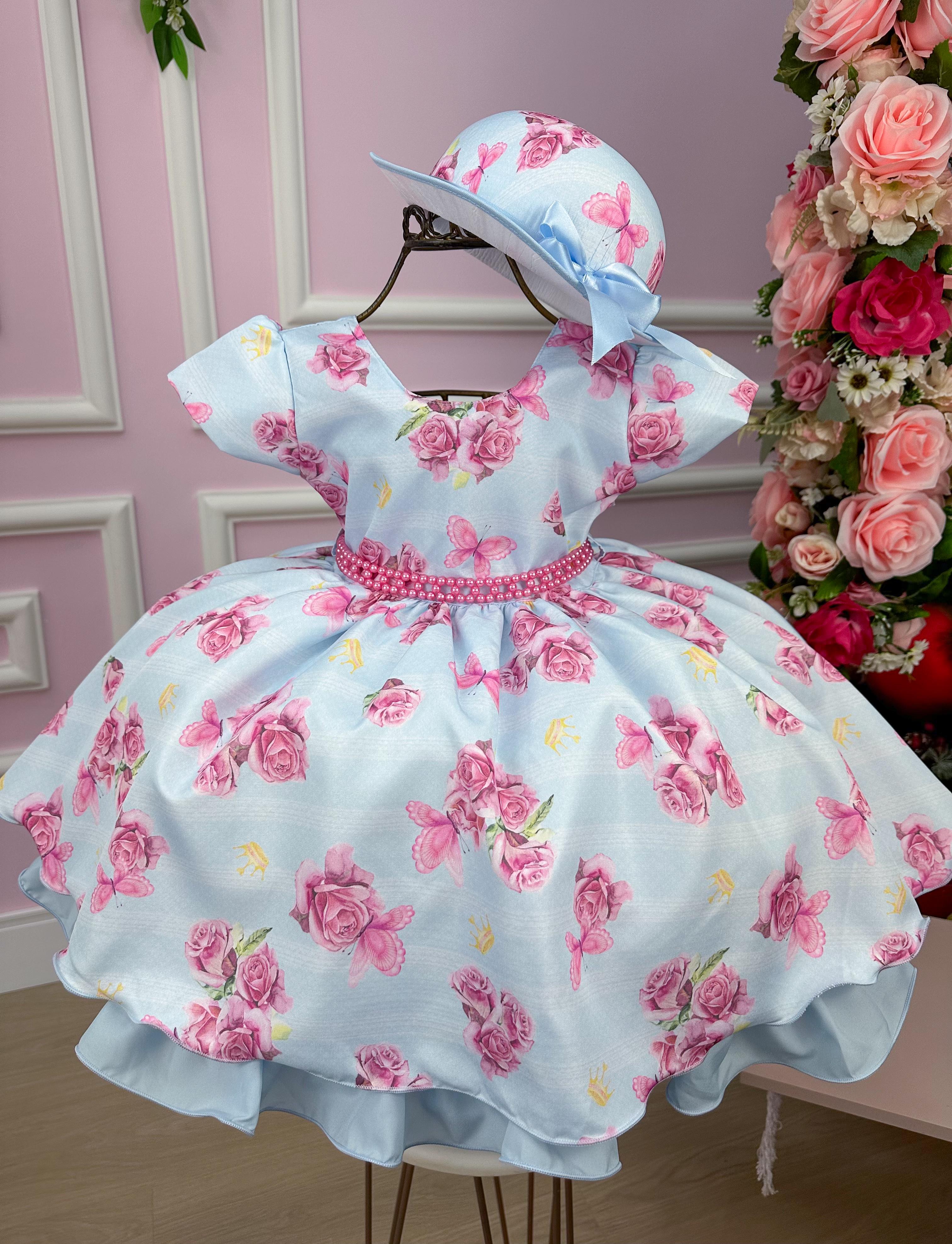 Vestido Miss Cherry Chapeu Azul Bebe Flores e Borboletas (VESTMSSCHRAZLBBFLREBBLT)