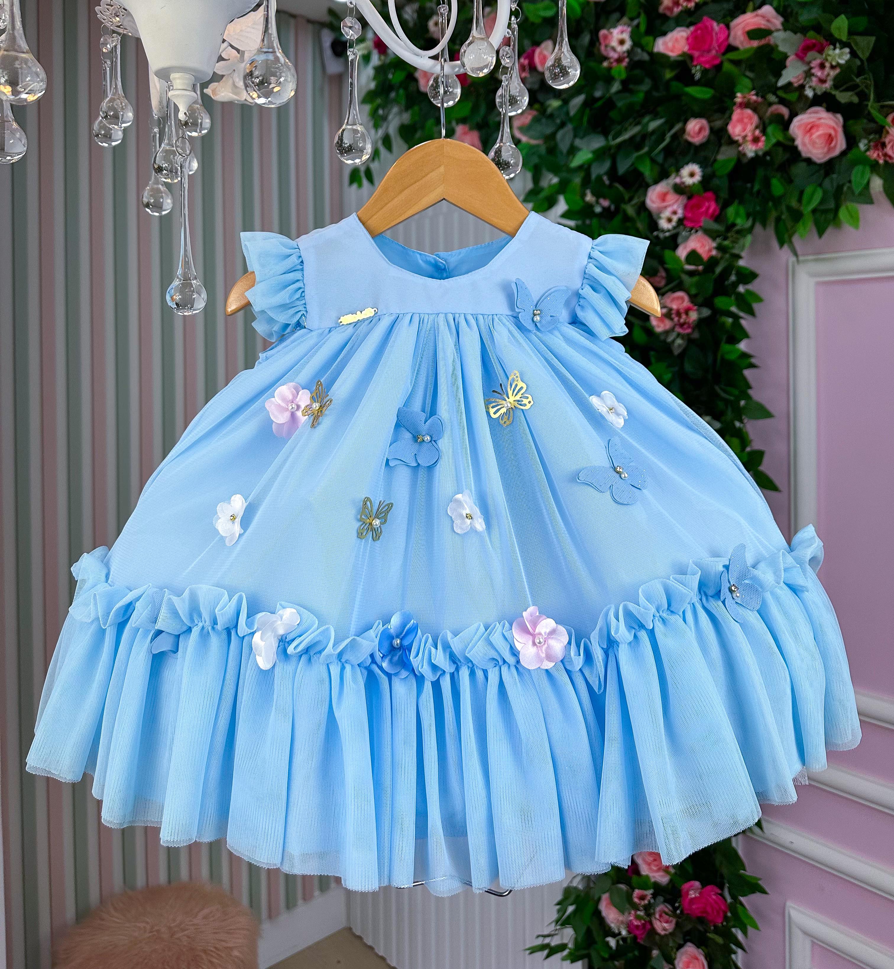 Vestido Vila Lele Jardim das Borboletas Baby Liz Azul Bebe (VESTLIZIZAZLBB)