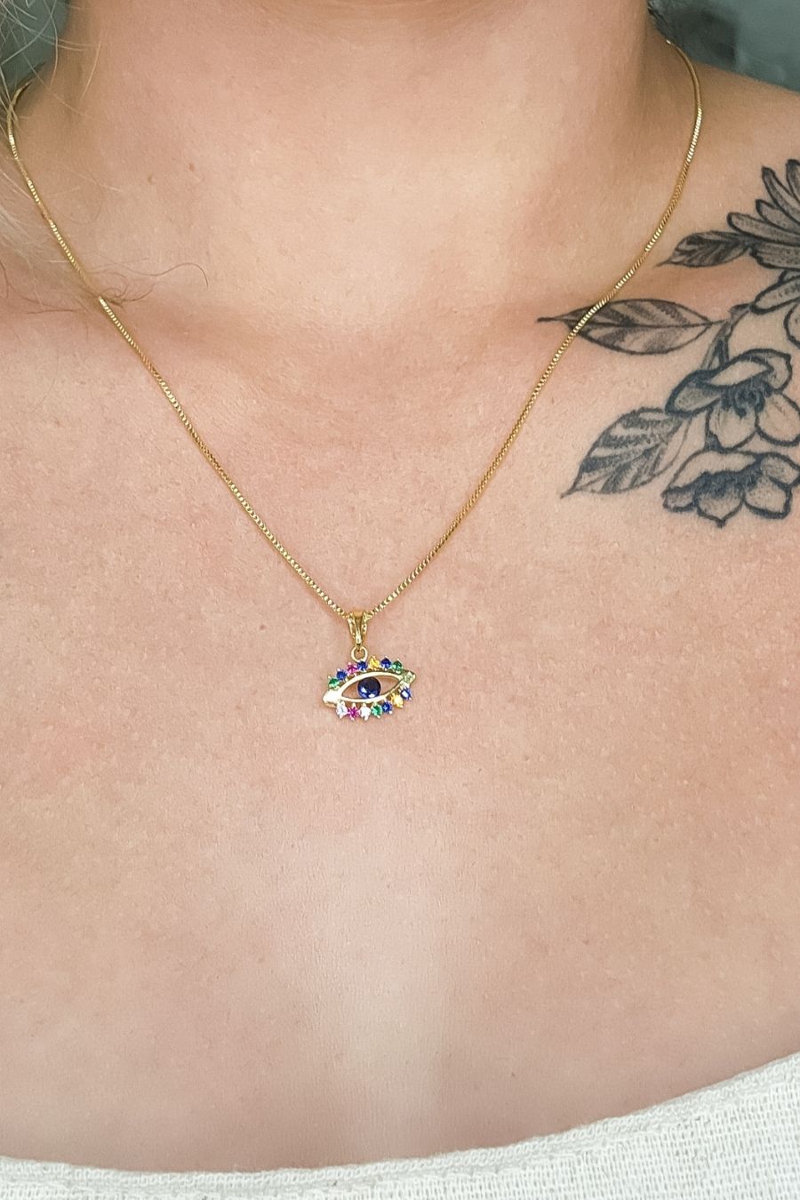 Colar Pingente Olho Grego com Zircônia Multicolor Banhado em Ouro 18k (CL0119)