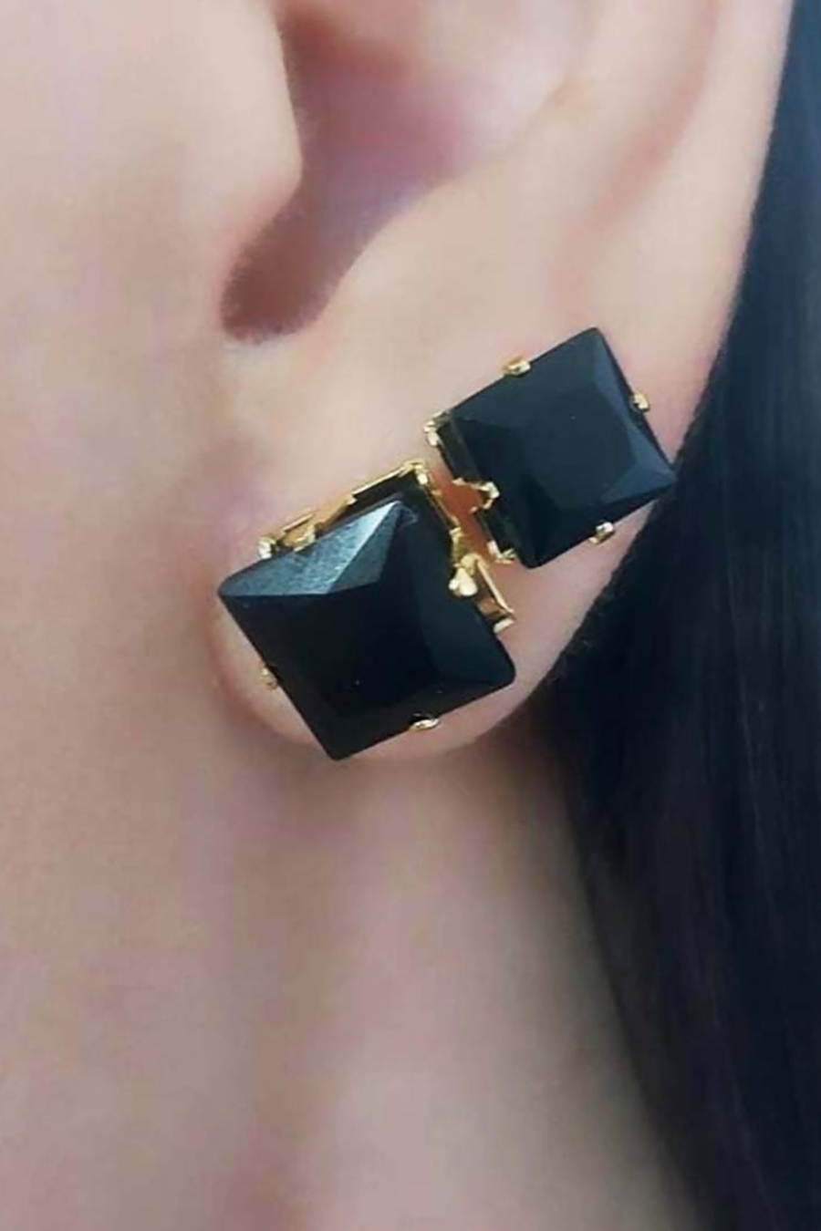 Duo Quadrado de Zircônias Grande Preto Banhado em Ouro 18k (DU0014)
