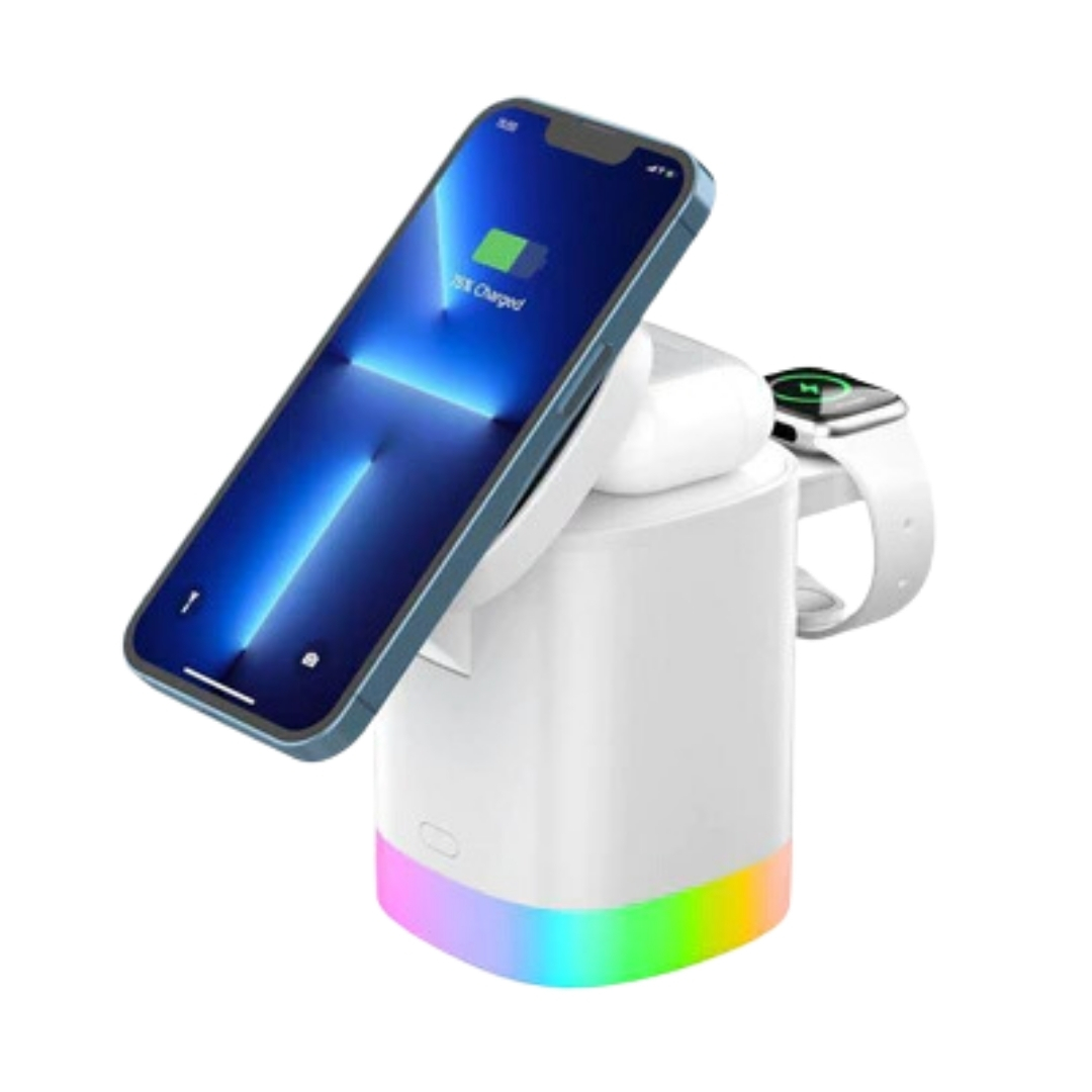 Carregador Cubo RGB Indução sem Fio 3 em 1 para iPhone, AirPods e Apple Watch (2991)