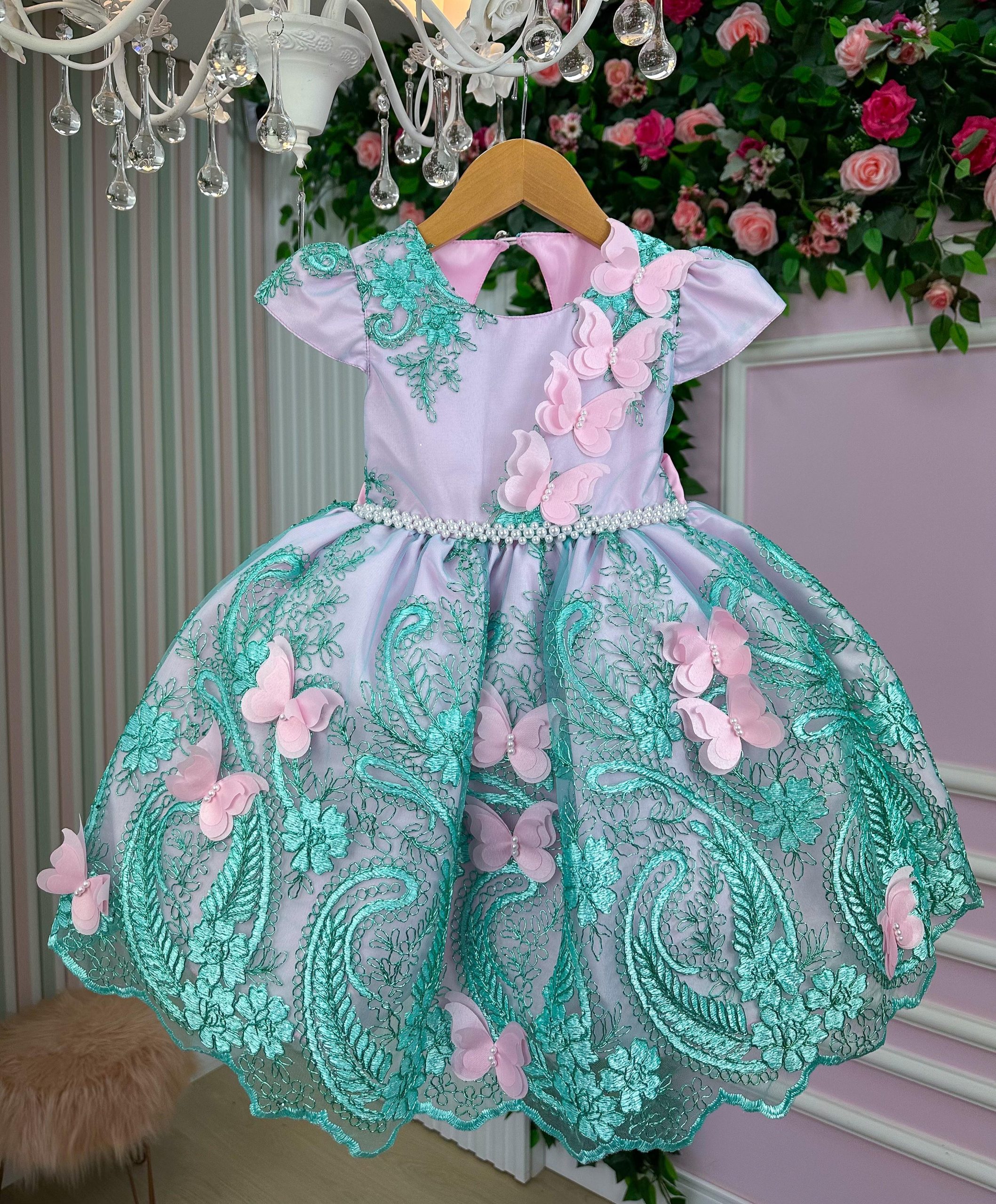 Vestido Marie Jardim Encantado Luxo Rosa e Verde Tiffany (VSTDMJDELREVDTFN)
