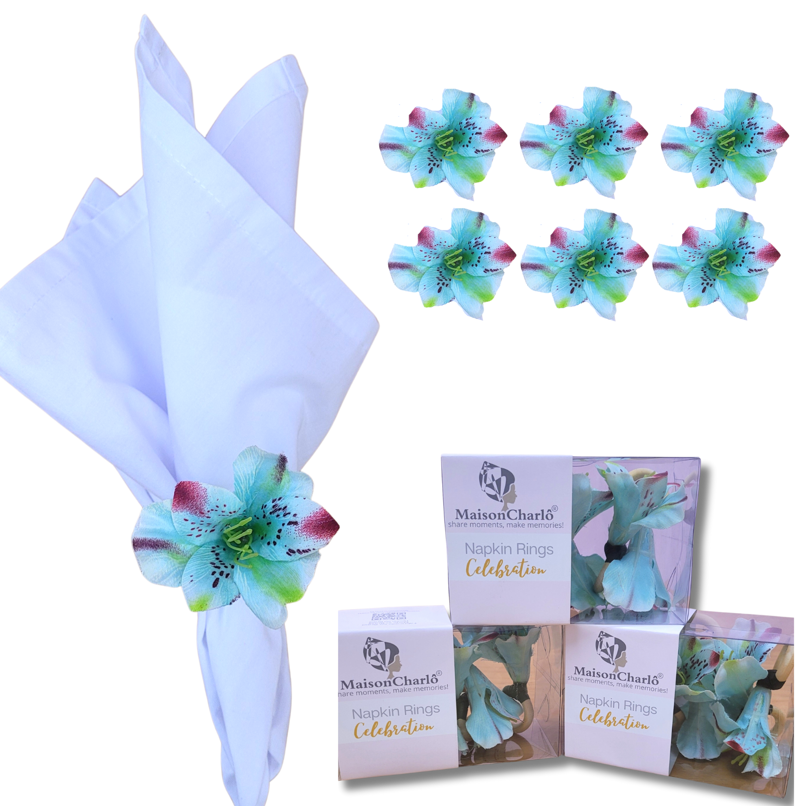 Kit 6 Porta Guardanapo Botão Astromelia Azul Turquesa (MCPOR0178)