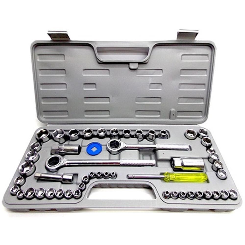 JOGO CHAVES SOQUETE 52 PECAS KIT COMPLETO FERRAMENTAS MALETA CATRACA 3/8 1/2 E 1/4 REVERSIVEL RODA PROFISSIONAL (2568)