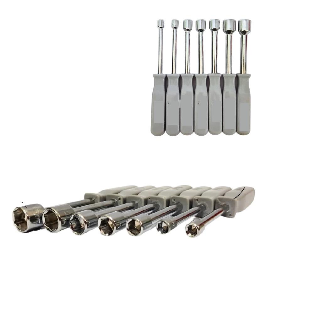 KIT CHAVES CANHAO JOGO 7 PEÇAS TWSITER VAZADA PROFISSIONAL ACO 5 A 12MM SOQUETE SEXTAVADA FENDA PITO (7955)