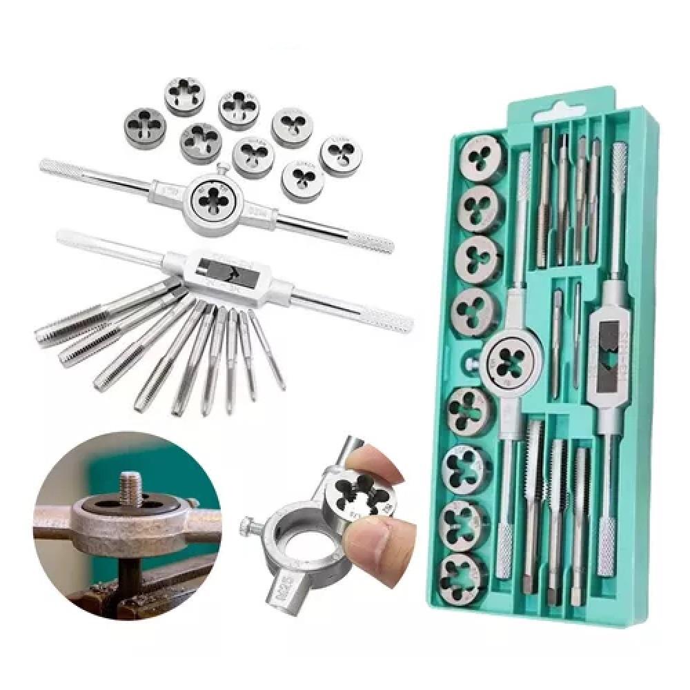 KIT JOGO DE TARRACHA FEMEA E MACHO PENTE ABRE ROSCA FINA 20 PECAS COSSINETE MANUAL COM MALETA BLISTER PROFISSIONAL (5633)