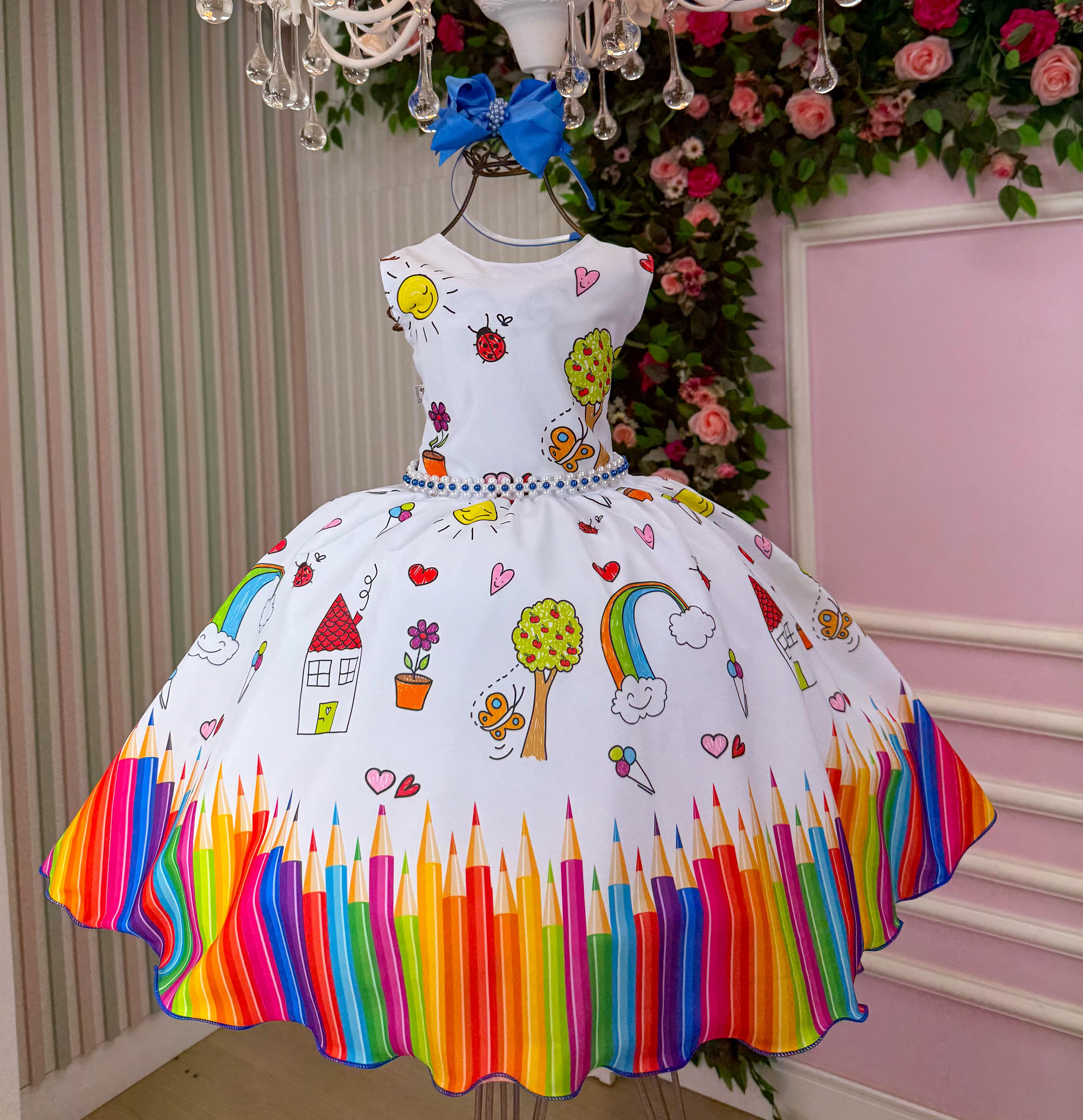 Vestido Marie Lapis Aquarela ABC Branco e Azul Royal (VESTMRILPSABCAZLM)