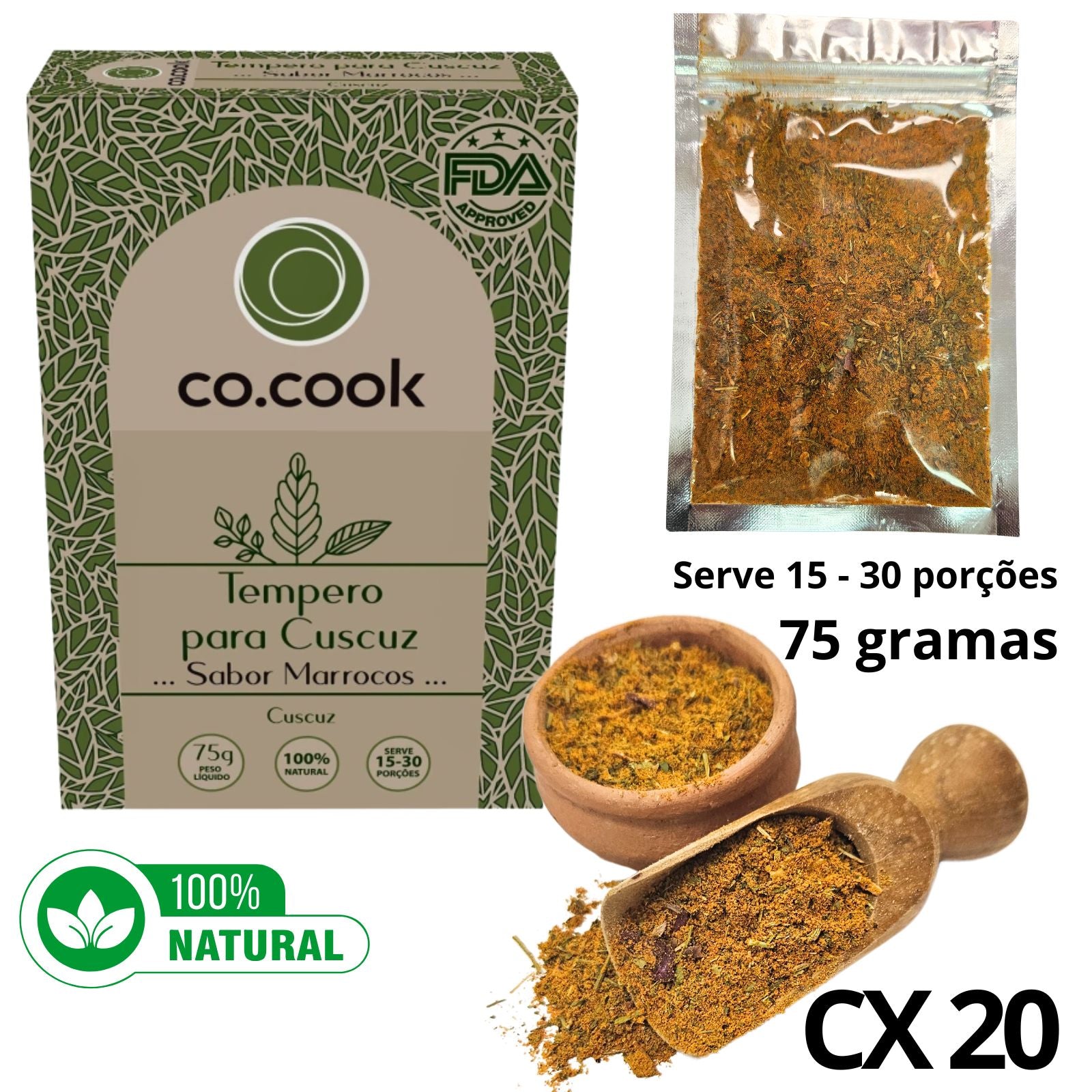 Cx 20 Tempero Funcional 100% Natural CoCook Cuscuz Sabor Marrocos 75g (COCX20CUMA75)