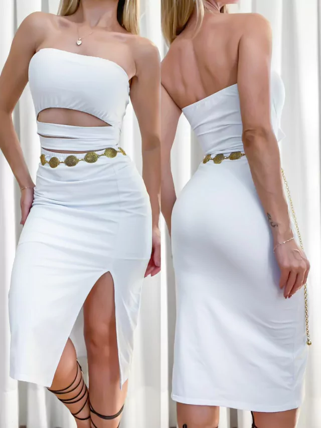 Vestido Feminino Midi em Poliamida sem Alça Recorte Triplo Thamires Ref. 1304 (12345670018924195153)