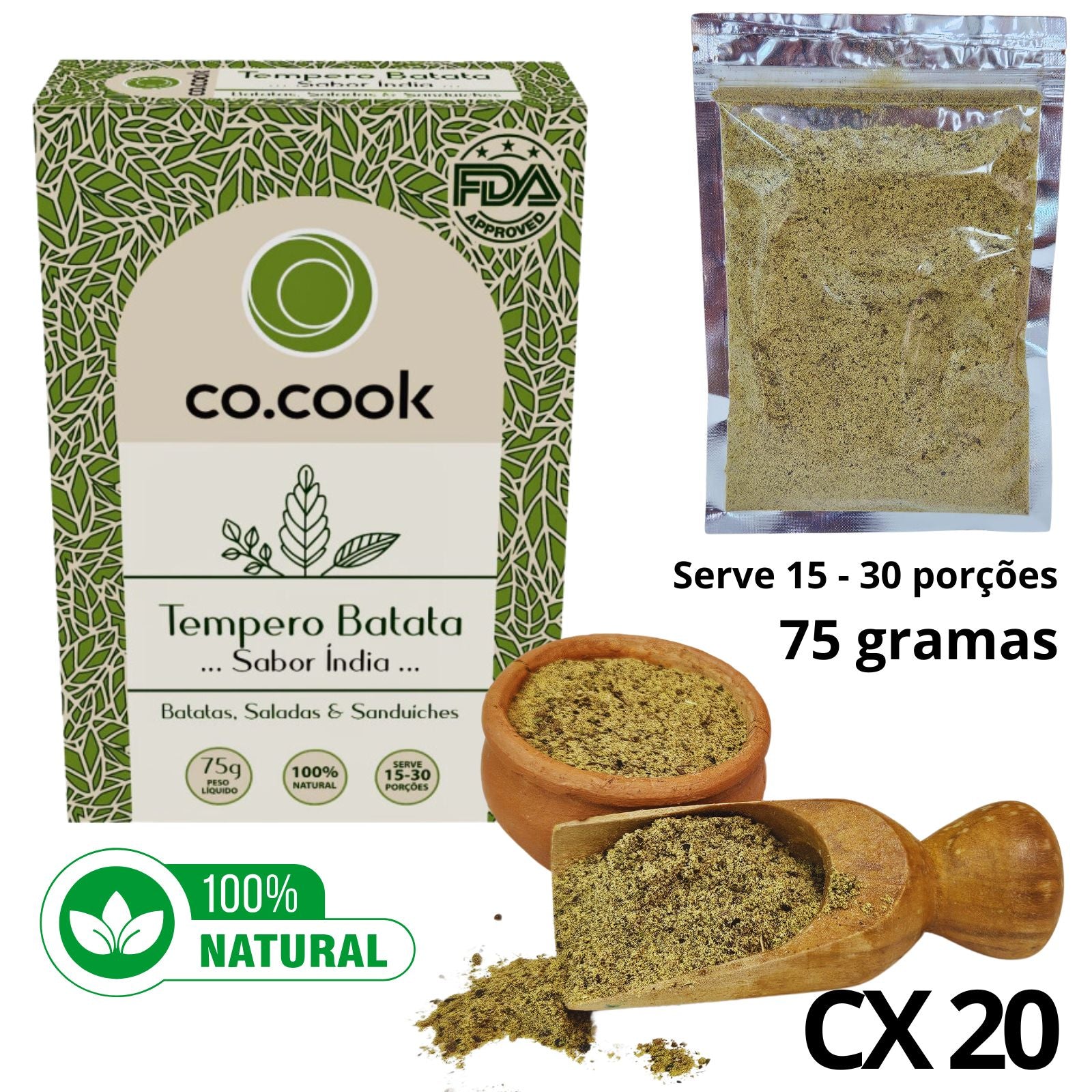 CoCook Caixa 20 Pack Especiaria Natural Tempero Batata Sabor India 75g (COCX20BAIN75)
