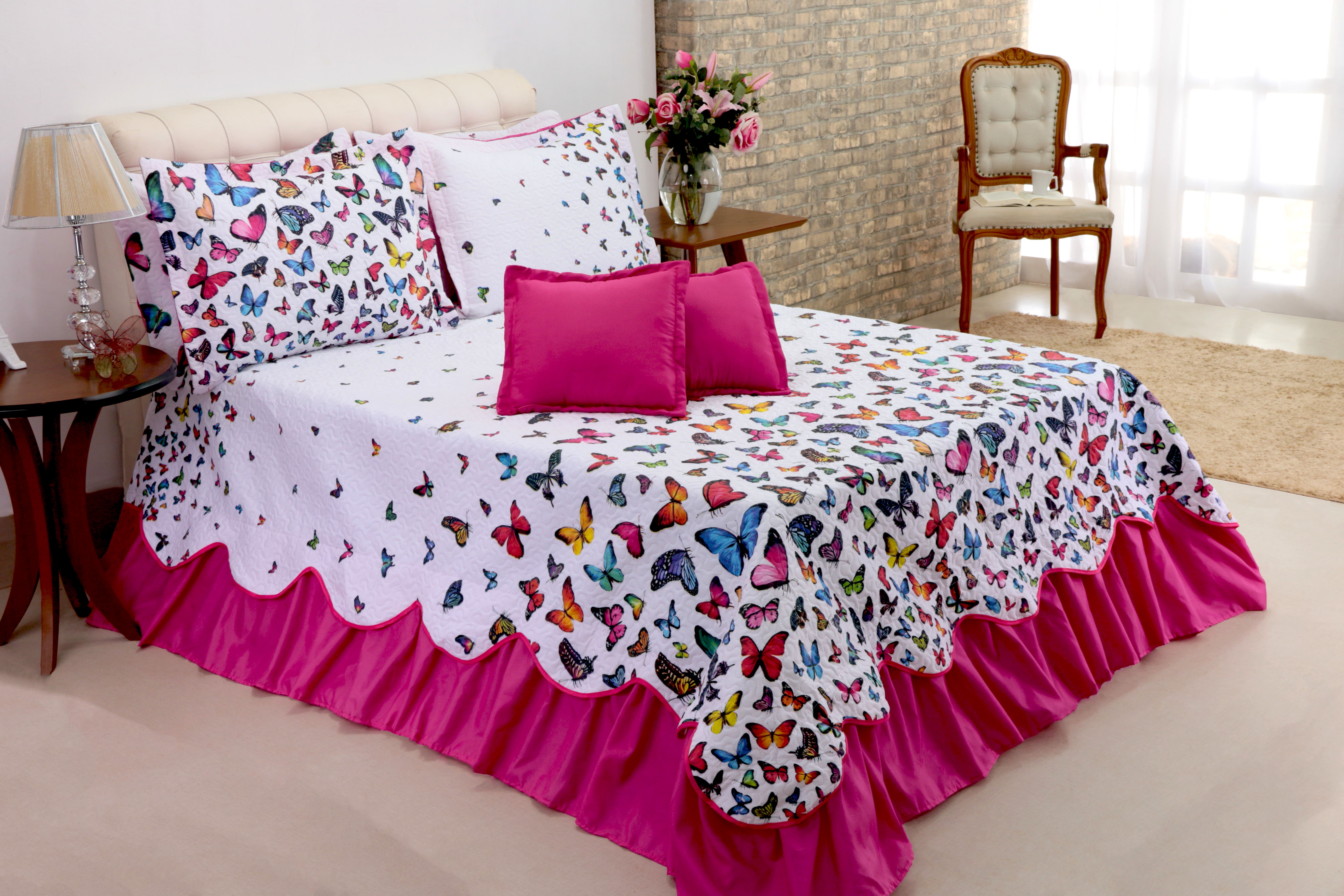 Kit Colcha Cobre leito Belize casal queen 05 pçs Borboletas (6136)