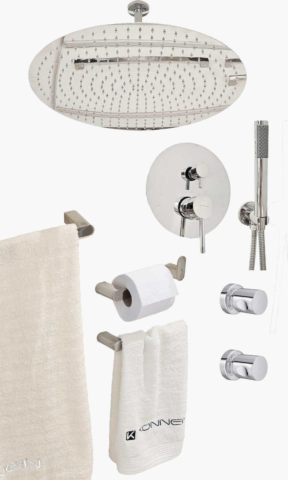 Kit Área de Banho - Cromado - Round - 50- Registro Monocomando com Ducha Manual e Acessórios Round - Konnen Metais - KD5 (KD50-C-R-M-CD-RD)