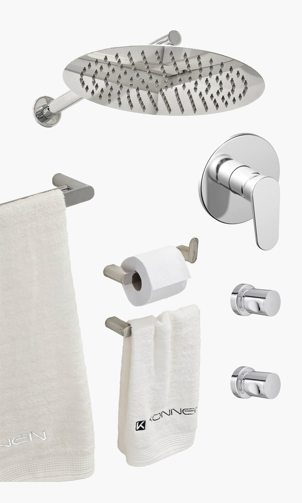 Kit Área de Banho - Cromado - Round - Registro Monocomando com Base e Acessórios Round Duplo - Konnen Metais - KD30-C-R- (KD30-C-R-MK-RD-D)