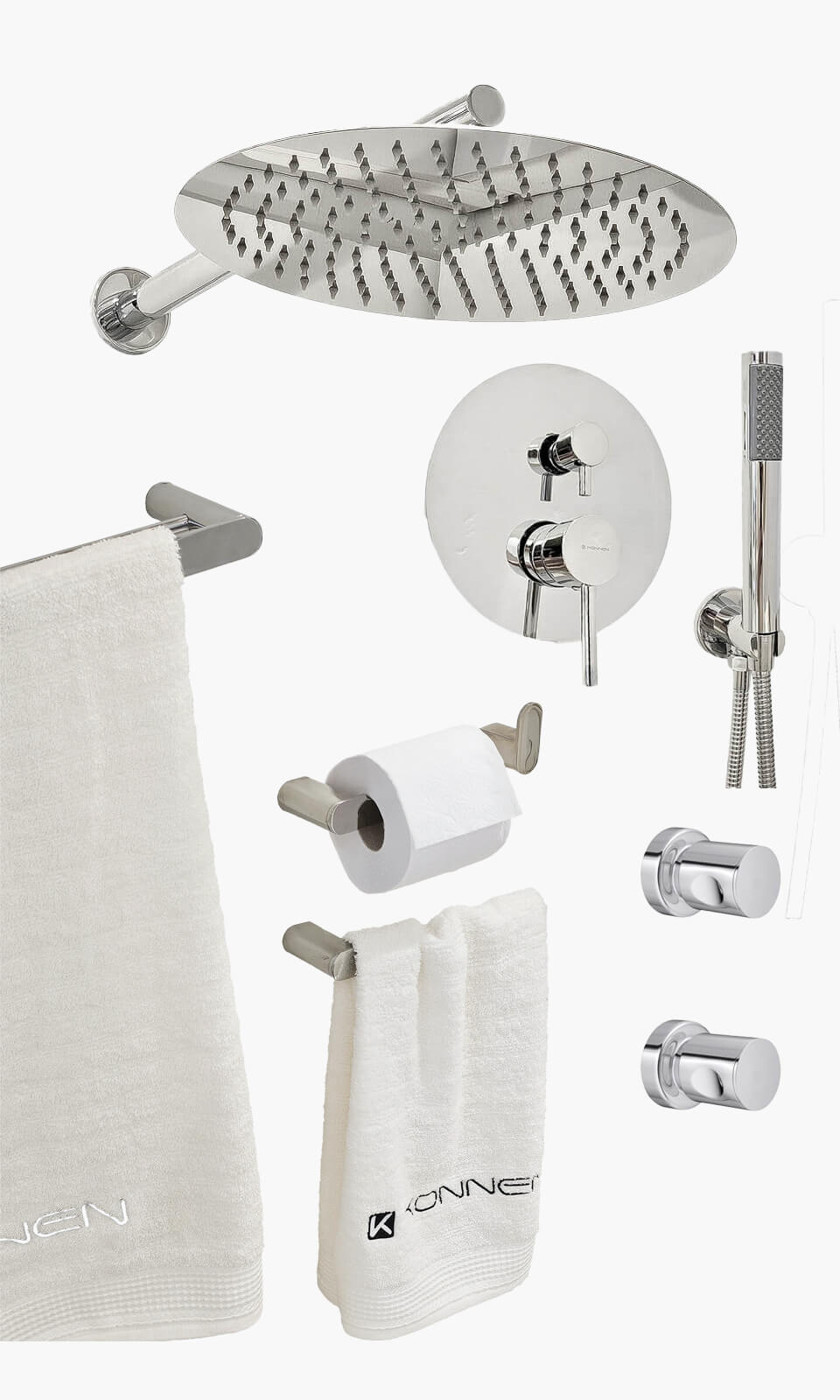 Kit Área de Banho - Cromado - Round - Registro Monocomando com Ducha Manual e Acessorios Round Duplo- Konnen Metais - KD (KD30-C-R-M-CD-RD-D)