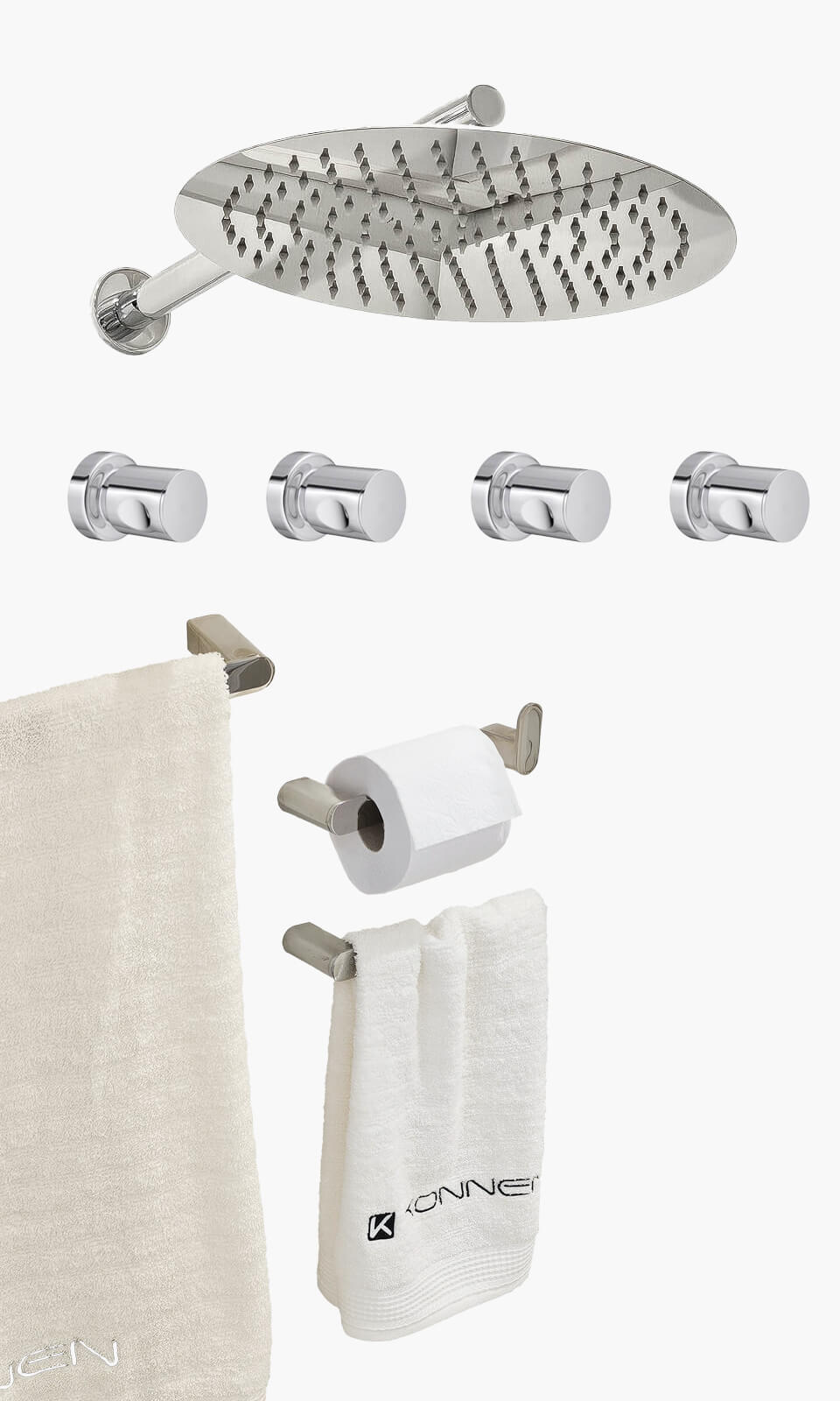 Kit Área de Banho - Cromado - Round - Registro Simples com Acessórios Round - Konnen Metais - KD30-C-R-RS-RD