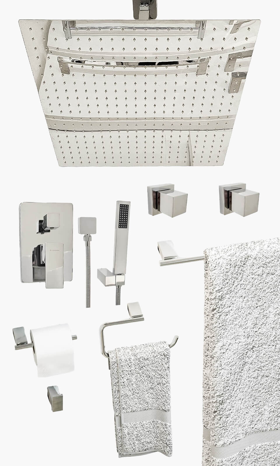 Kit Área de Banho - Cromado - Square - 50- Registro Monocomando com Ducha Manual e Acessorios Atlantis - Konnen Metais - (KD50-C-Q-M-CD-AT-S)