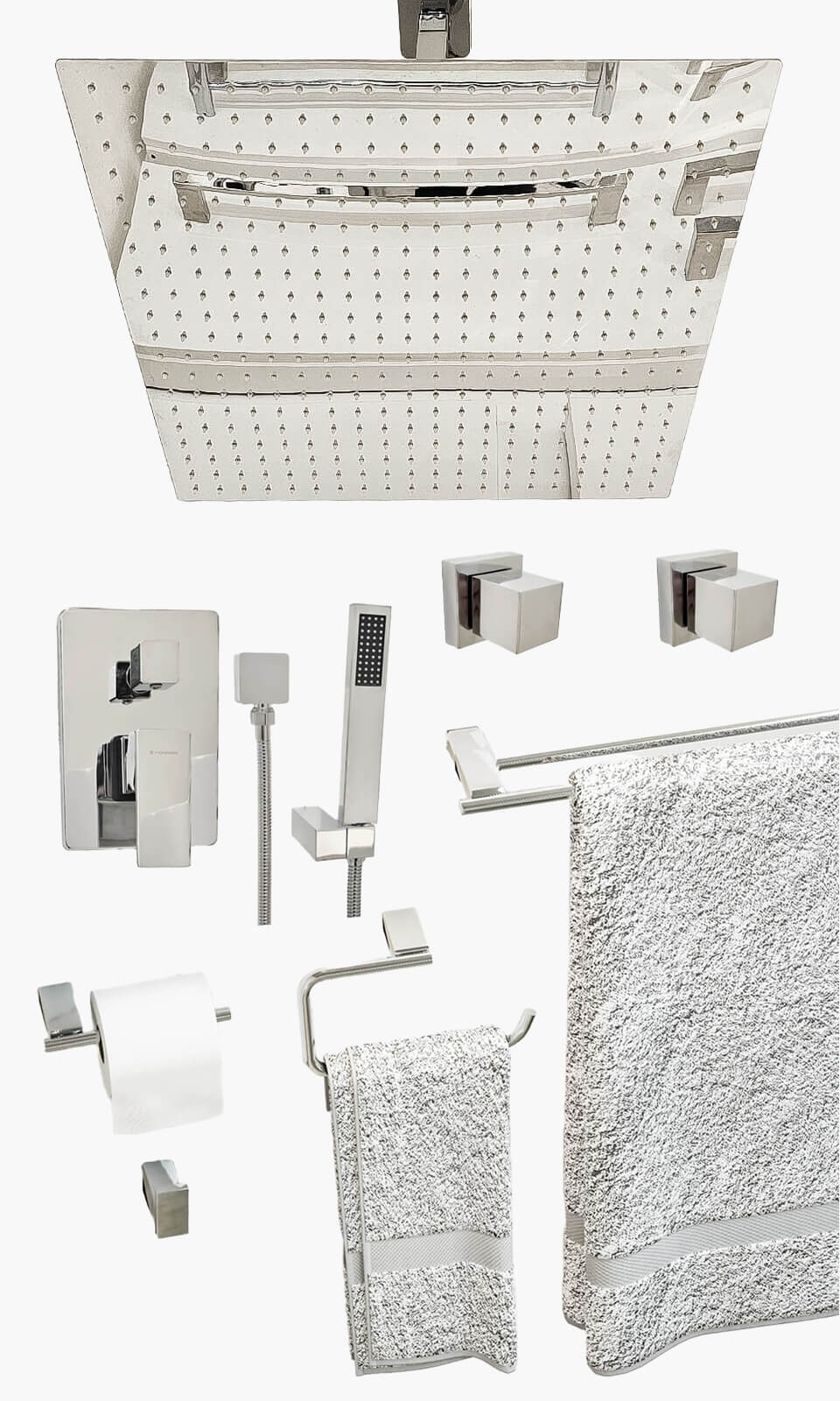 Kit Área de Banho - Cromado - Square - 50- Registro Monocomando com Ducha Manual e Acessorios Atlantis Duplo - Konnen Me (KD50-C-Q-M-CD-AT-D)