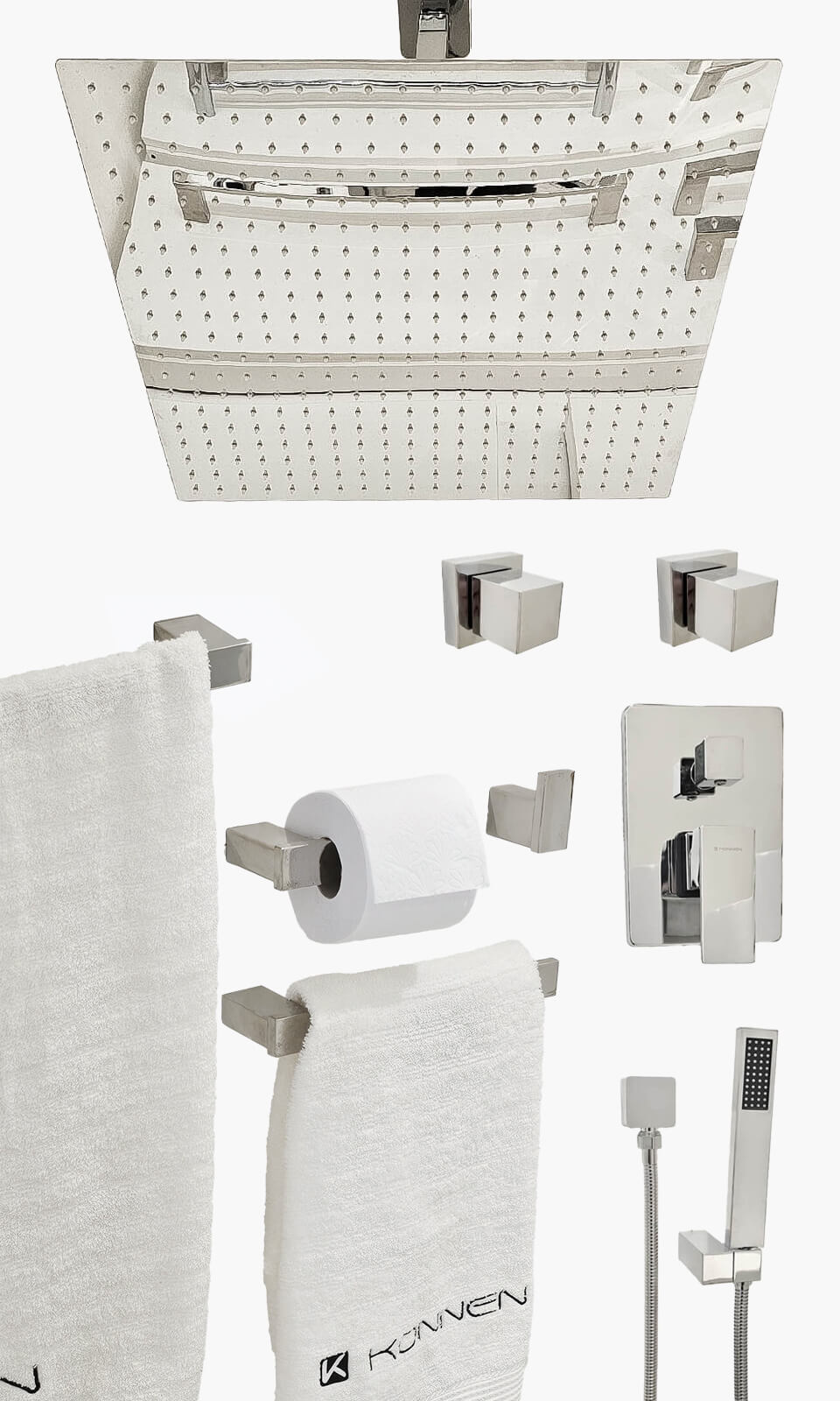 Kit Área de Banho - Cromado - Square - 50- Registro Monocomando com Ducha Manual e Acessorios Square- Konnen Metais - KD (KD50-C-Q-M-CD-SQ)