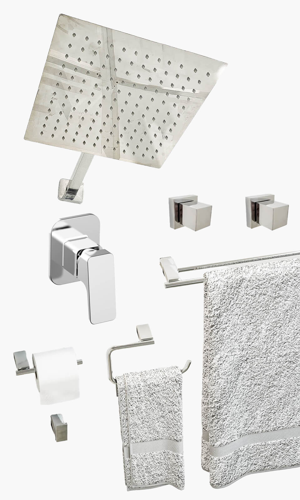 Kit Área de Banho - Cromado - Square - Registro Monocomando com Base e Acessórios Atlantis Duplo- Konnen Metais - KD30-C (KD30-C-Q-MK-AT-D)