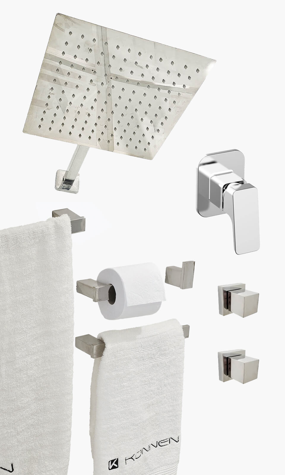 Kit Área de Banho - Cromado - Square - Registro Monocomando com Base e Acessórios Square- Konnen Metais - KD30-C-Q-MK-SQ