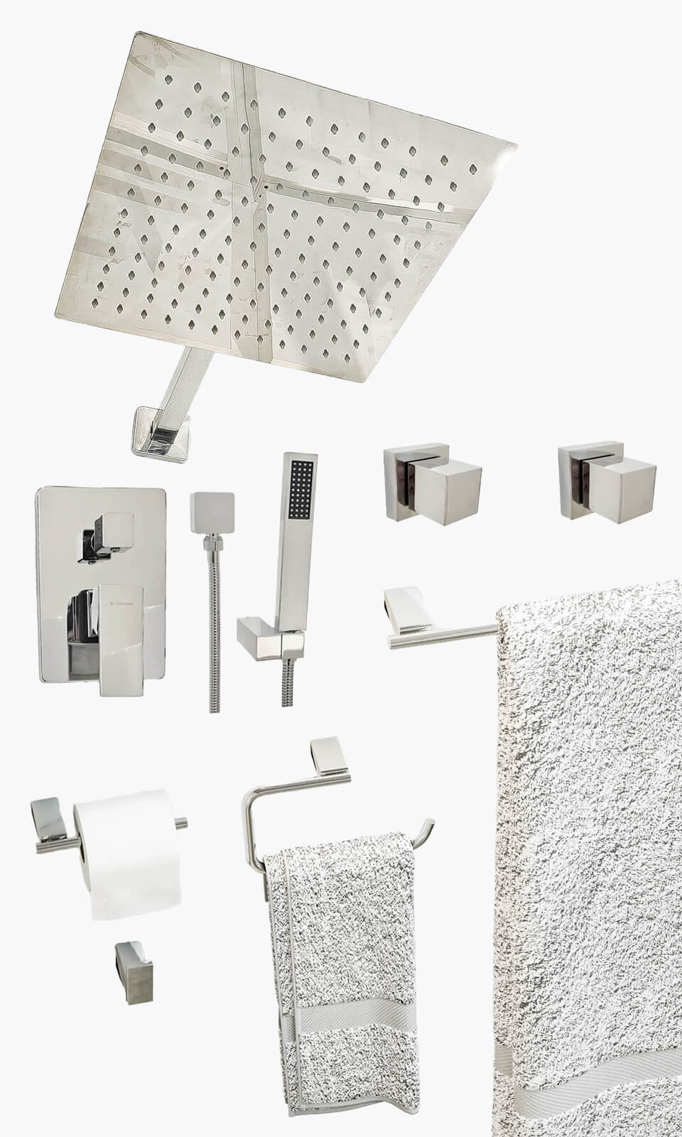 Kit Área de Banho - Cromado - Square - Registro Monocomando com Ducha Manual e Acessorios Atlantis - Konnen Metais - KD3 (KD30-C-Q-M-CD-AT-S)