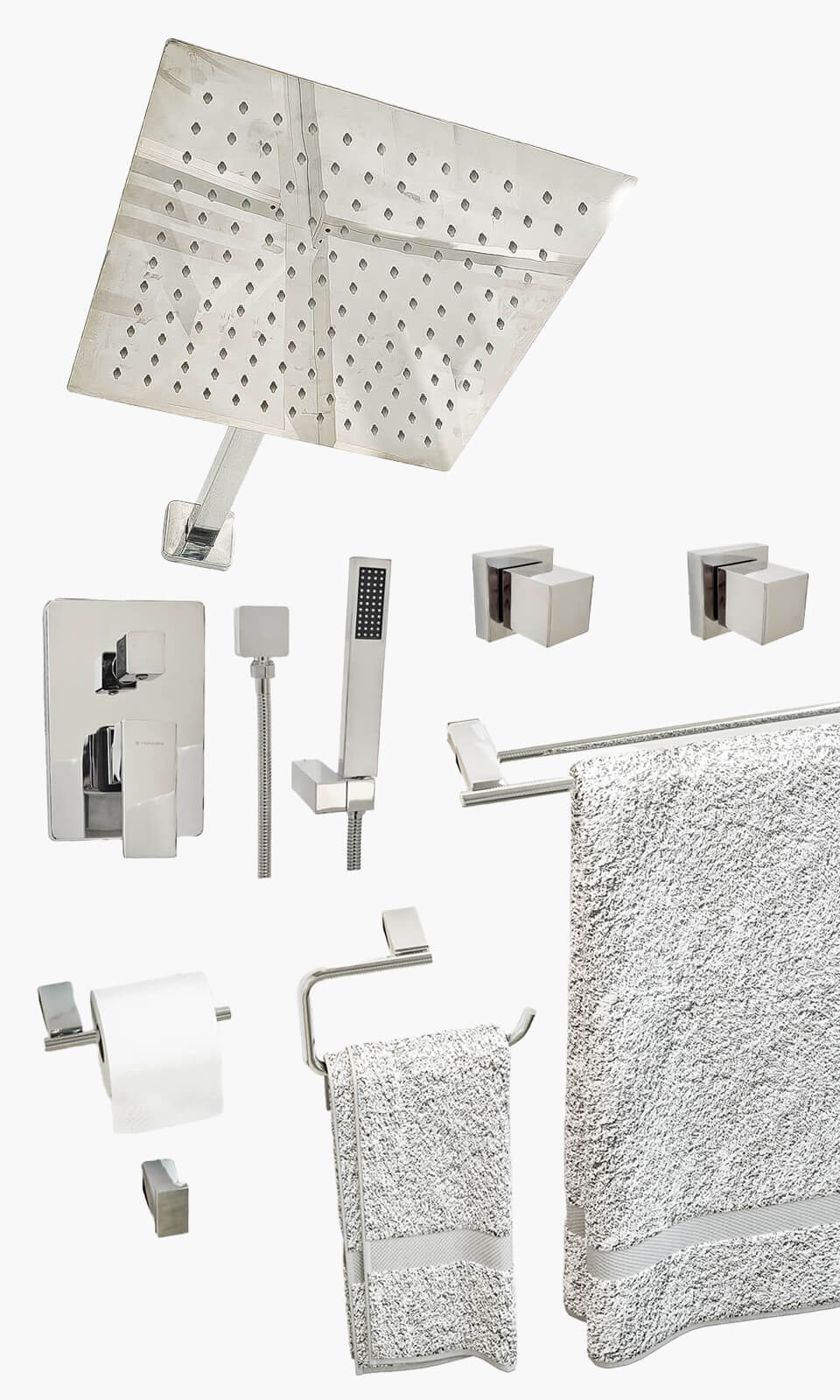 Kit Área de Banho - Cromado - Square - Registro Monocomando com Ducha Manual e Acessorios Atlantis Duplo- Konnen Metais (KD30-C-Q-M-CD-AT-D)