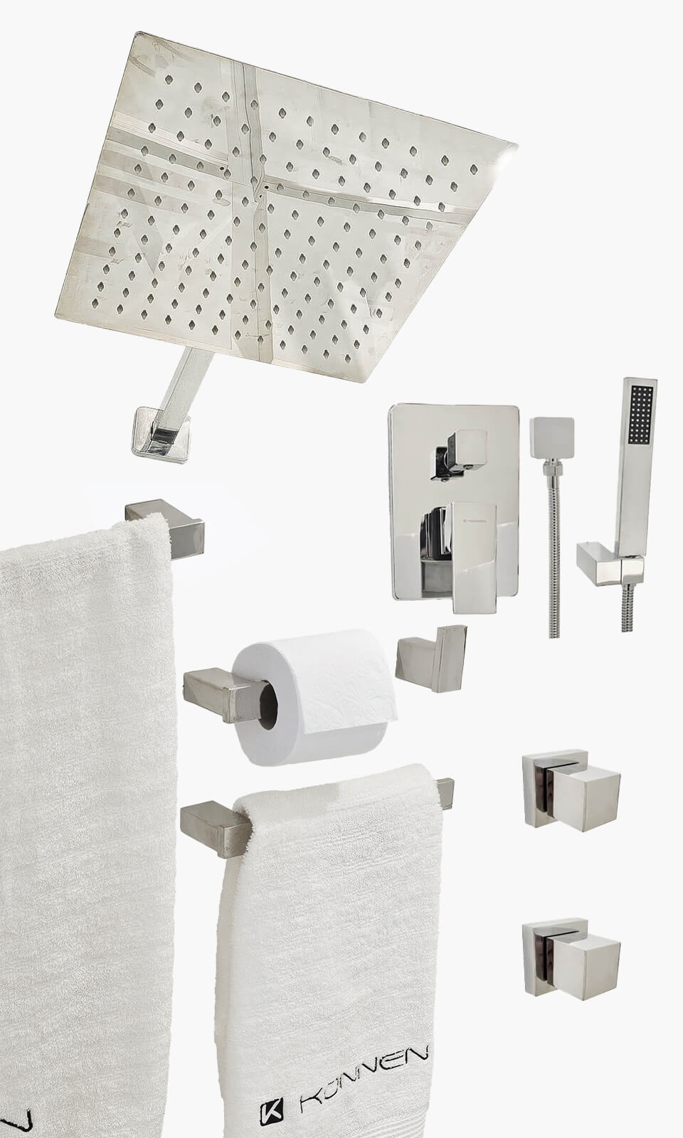 Kit Área de Banho - Cromado - Square - Registro Monocomando com Ducha Manual e Acessorios Square - Konnen Metais - KD30- (KD30-C-Q-M-CD-SQ)