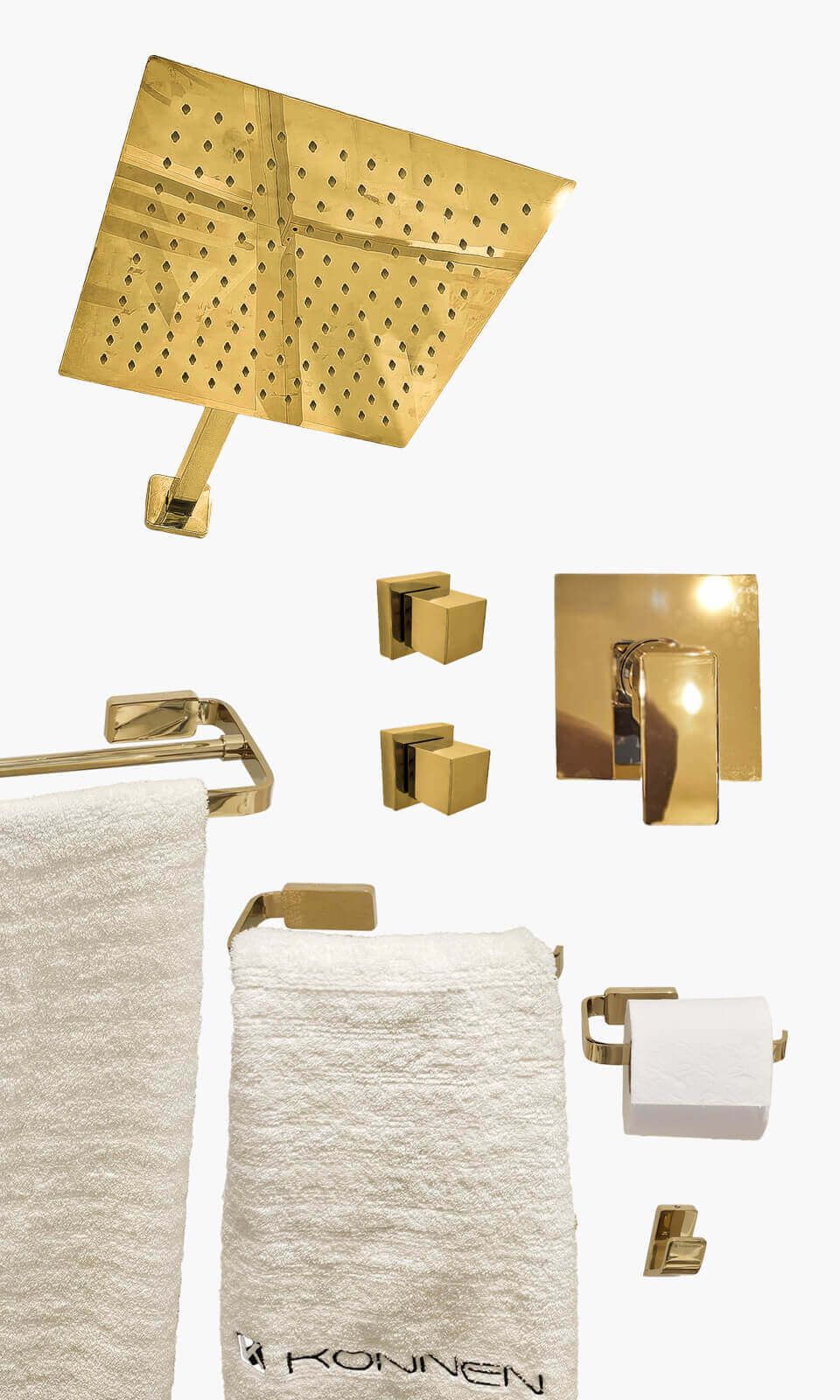 Kit Área de Banho - Dourado - Square - Acabamento de Registro Monocomando com Kit de Acessórios Maya Duplo - Konnen Meta (KD30-D-Q-MA-MD)