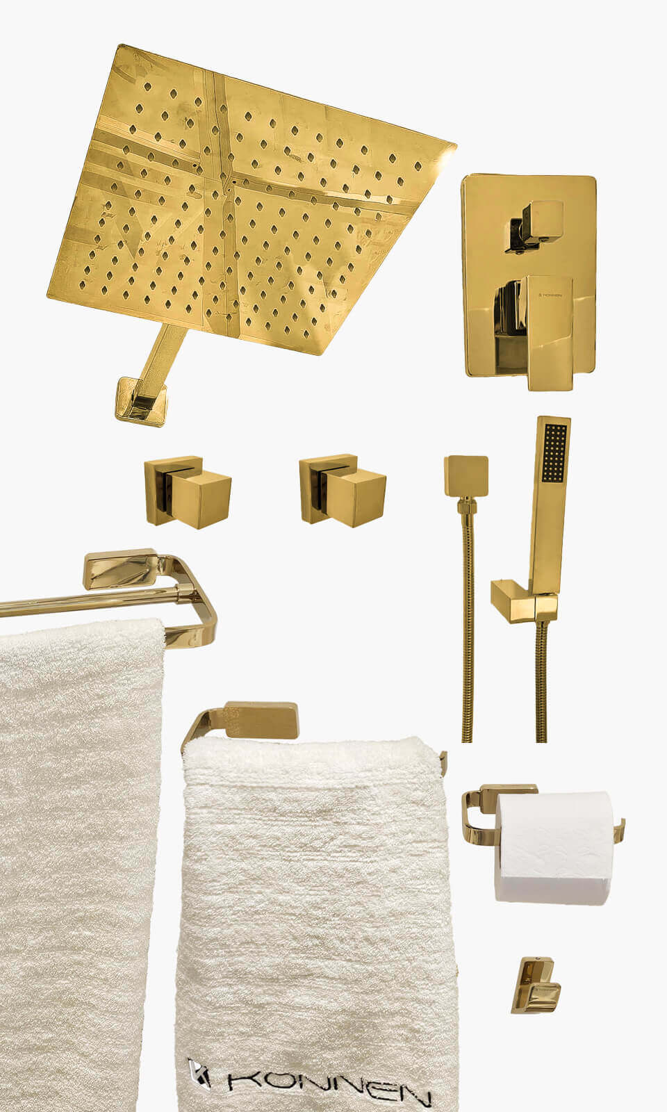 Kit Área de Banho - Dourado - Square - Registro Monocomando com Ducha Manual e Acessórios Maya Duplo - Konnen Metais - K (KD30-D-Q-M-CD-MD)