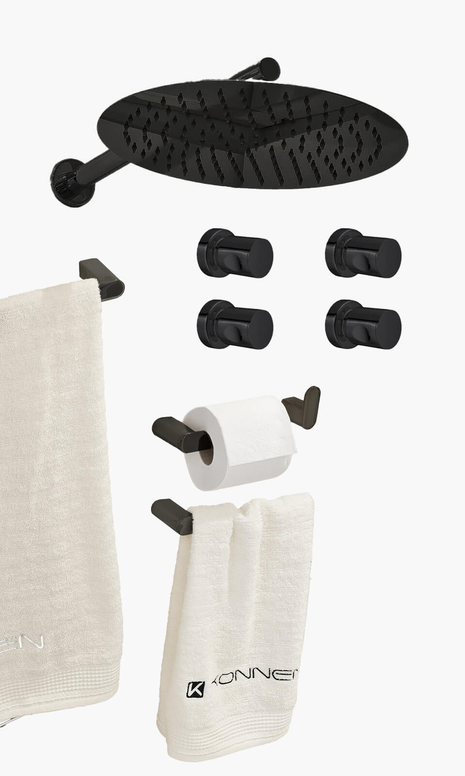 Kit Área de Banho - Preto - Round - Registro Simples e Acessórios Round - Konnen Metais - KD30-P-R-RS-RD (KD30-P-R-RS-SQ)