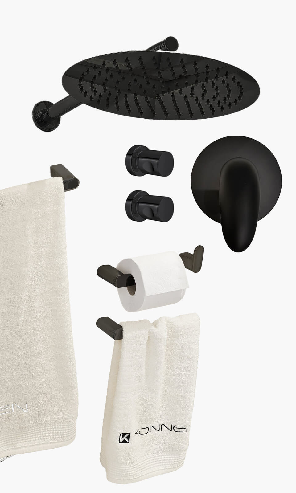 Kit Área de Banho - Preto Fosco - Round - Acabamento de Registro Monocomando com Acessórios Linha Round - Konnen Metais (KD30-P-R-MA-RD)