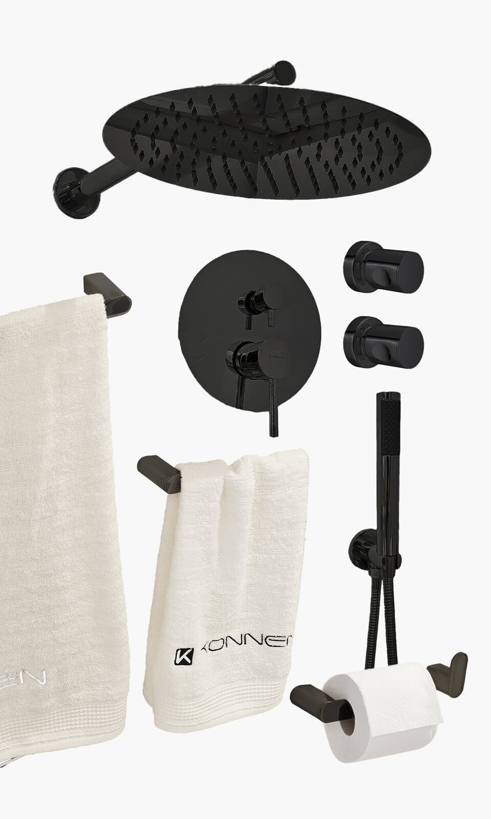 Kit Área de Banho - Preto Fosco - Round - Registro Monocomando com Ducha Manual e Acessórios Round - Konnen Metais - KD3 (KD30-P-R-M-CD-RD)