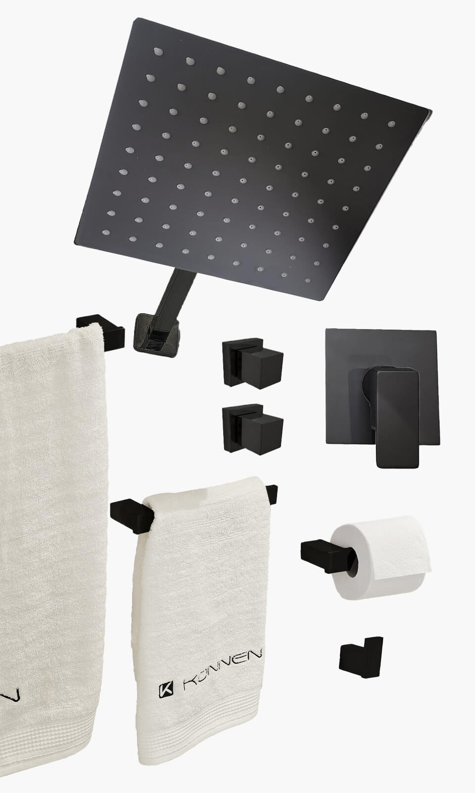Kit Área de Banho - Preto Fosco - Square - Acabamento de Registro Monocomando com Acessórios Square - Konnen Metais - KD (KD30-P-Q-MA-SQ)