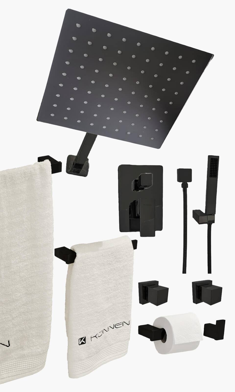 Kit Área de Banho - Preto Fosco - Square - Registro Monocomando com Ducha Manual e Acessorios Square - Konnen Metais - K (KD30-P-R-M-CD-SQ)
