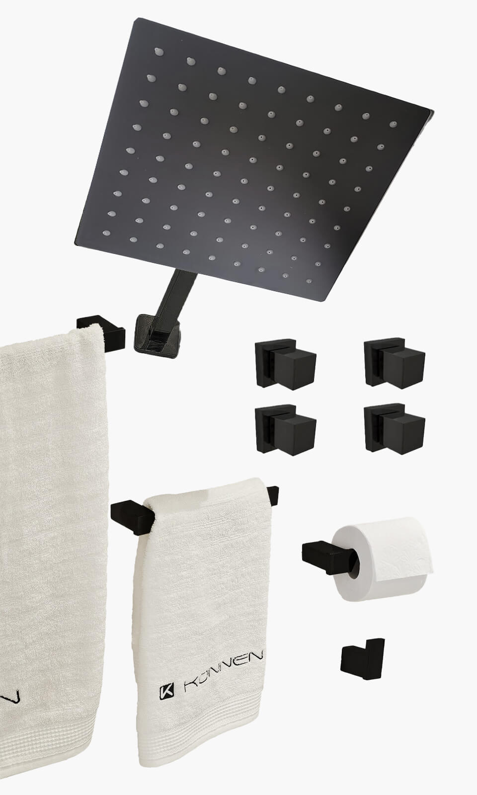 Kit Área de Banho - Preto Fosco - Square - Registro Simples com Acessórios Square - Konnen Metais - KD30-P-Q-RS-SQ