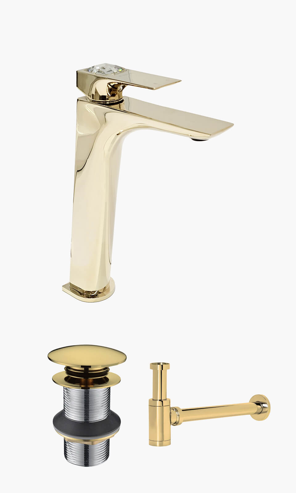 Kit Lavatório - Dourado - Torneira Bica Alta Crystal com Válvula Click e Sifão Aparente - CRYSTAL-D-A-VC-SF