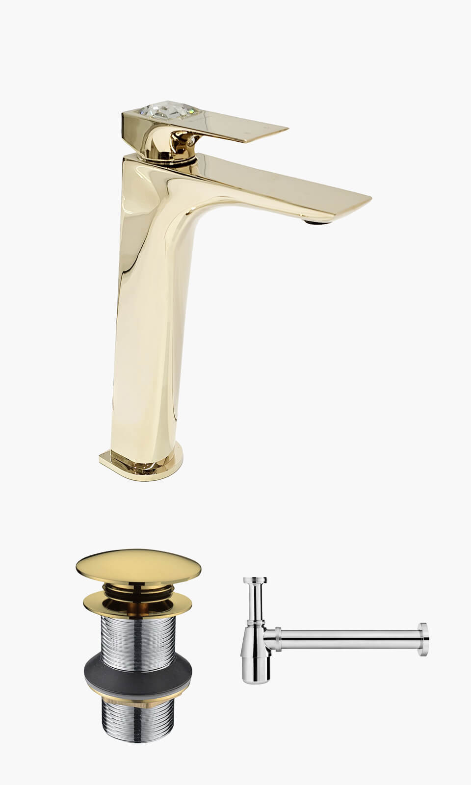 Kit Lavatório - Dourado - Torneira Bica Alta Crystal com Válvula Click e Sifão Simples - CRYSTAL-D-A-VC-SS