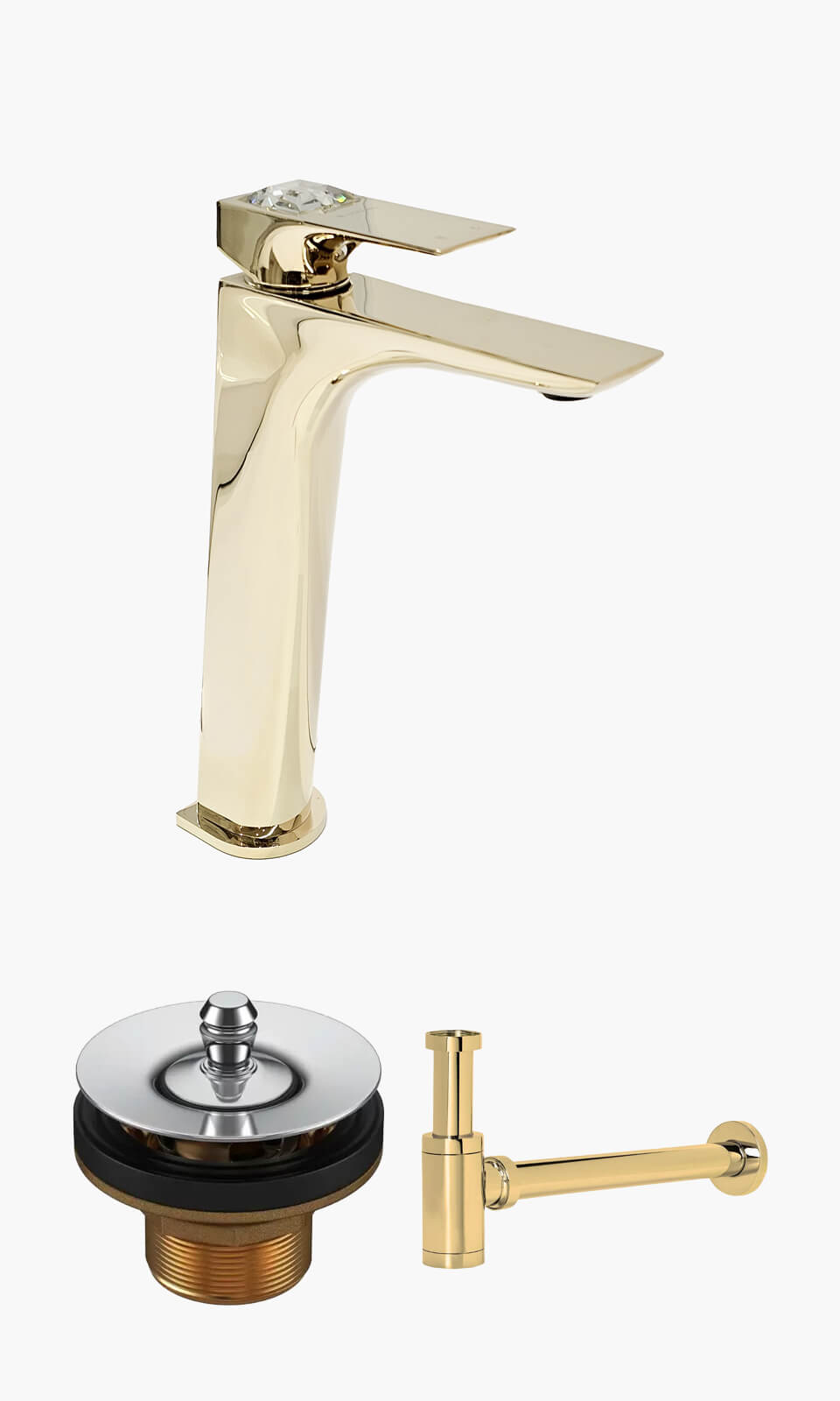 Kit Lavatório - Dourado - Torneira Bica Alta Crystal com Válvula Universal e Sifão Aparente - CRYSTAL-D-A-VU-SF