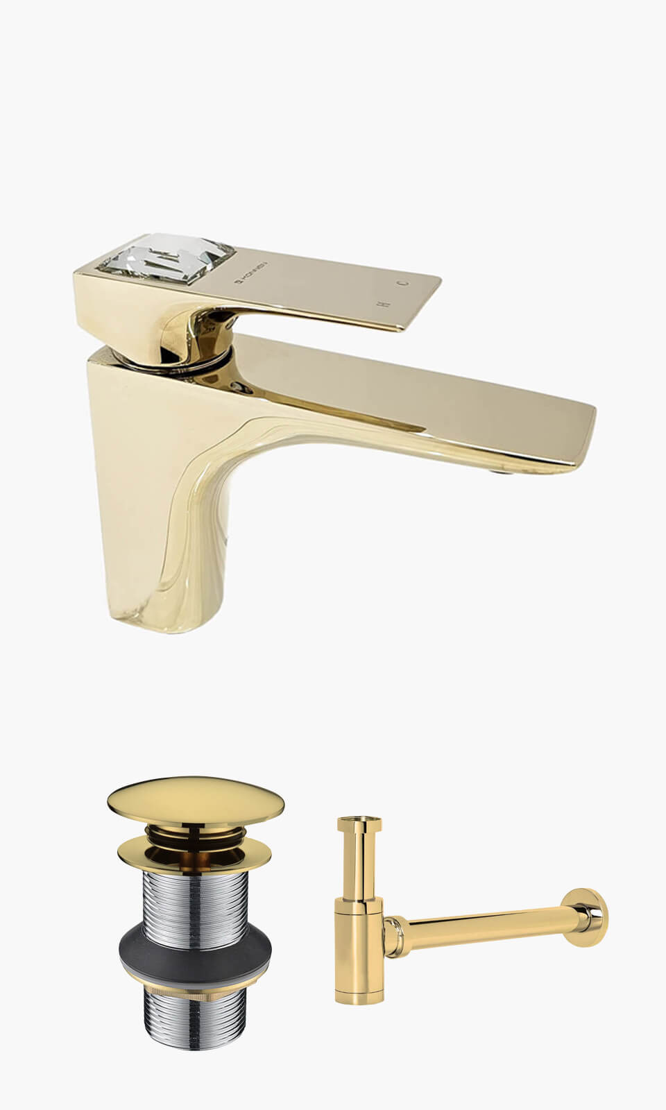 Kit Lavatório - Dourado - Torneira Bica Baixa Crystal com Válvula Click e Sifão Aparente - CRYSTAL-D-B-VC-SF